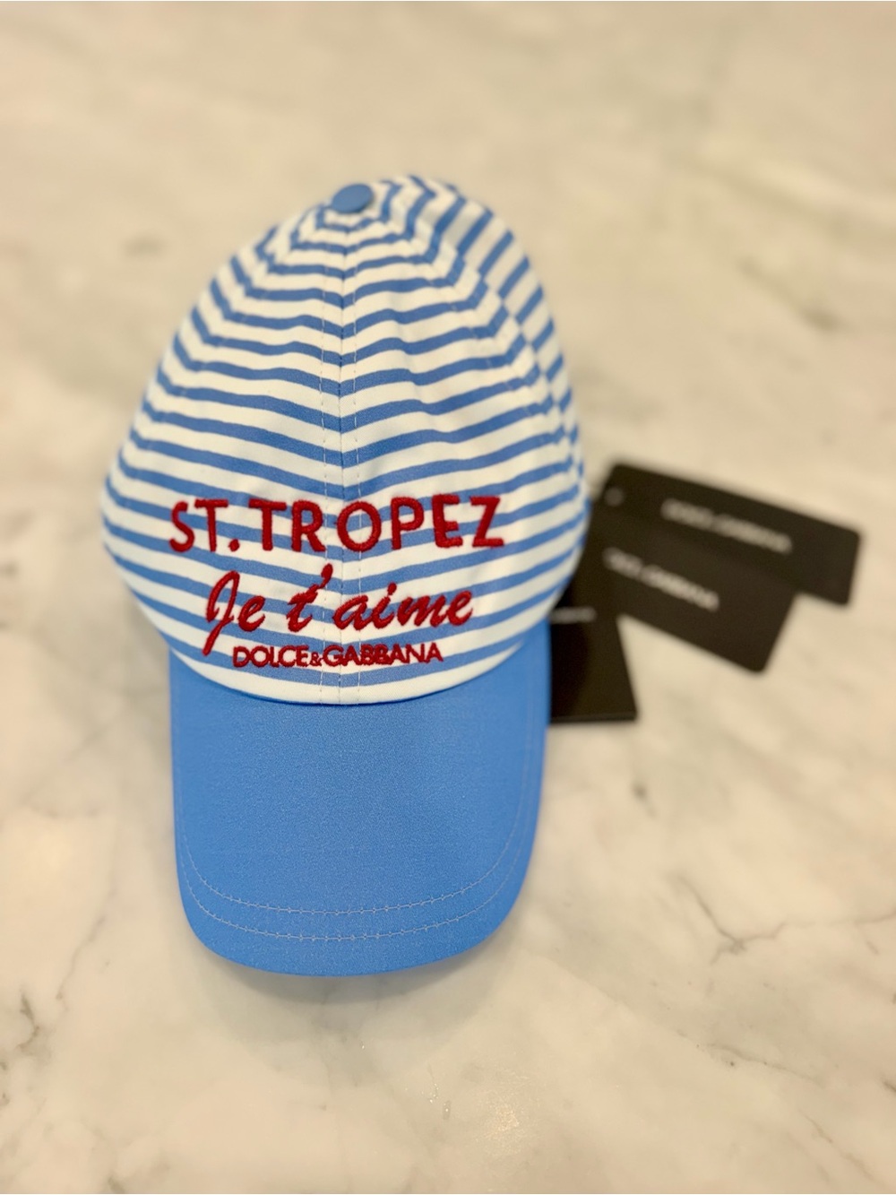 NWT Dolce & Gabbana St. Tropez Je t'aime Striped Baseball Cap Hat Blue/White